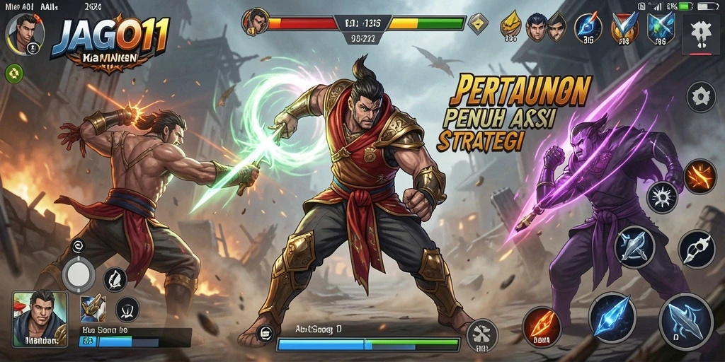 Tangkapan layar gameplay JAGO11 menampilkan aksi pertarungan yang intens dan karakter unik.