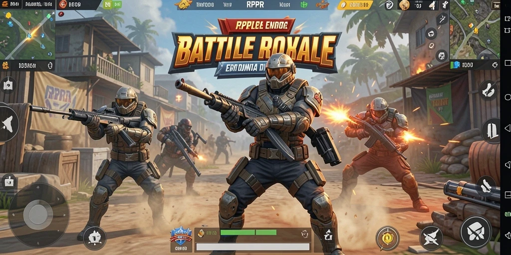 Screenshot RPRR menampilkan aksi seru Battle Royale di pulau tropis.