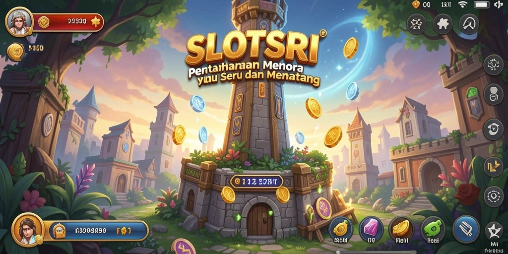 Tangkapan layar utama SLOTSRI menampilkan aksi menara bertahan dari serangan musuh.